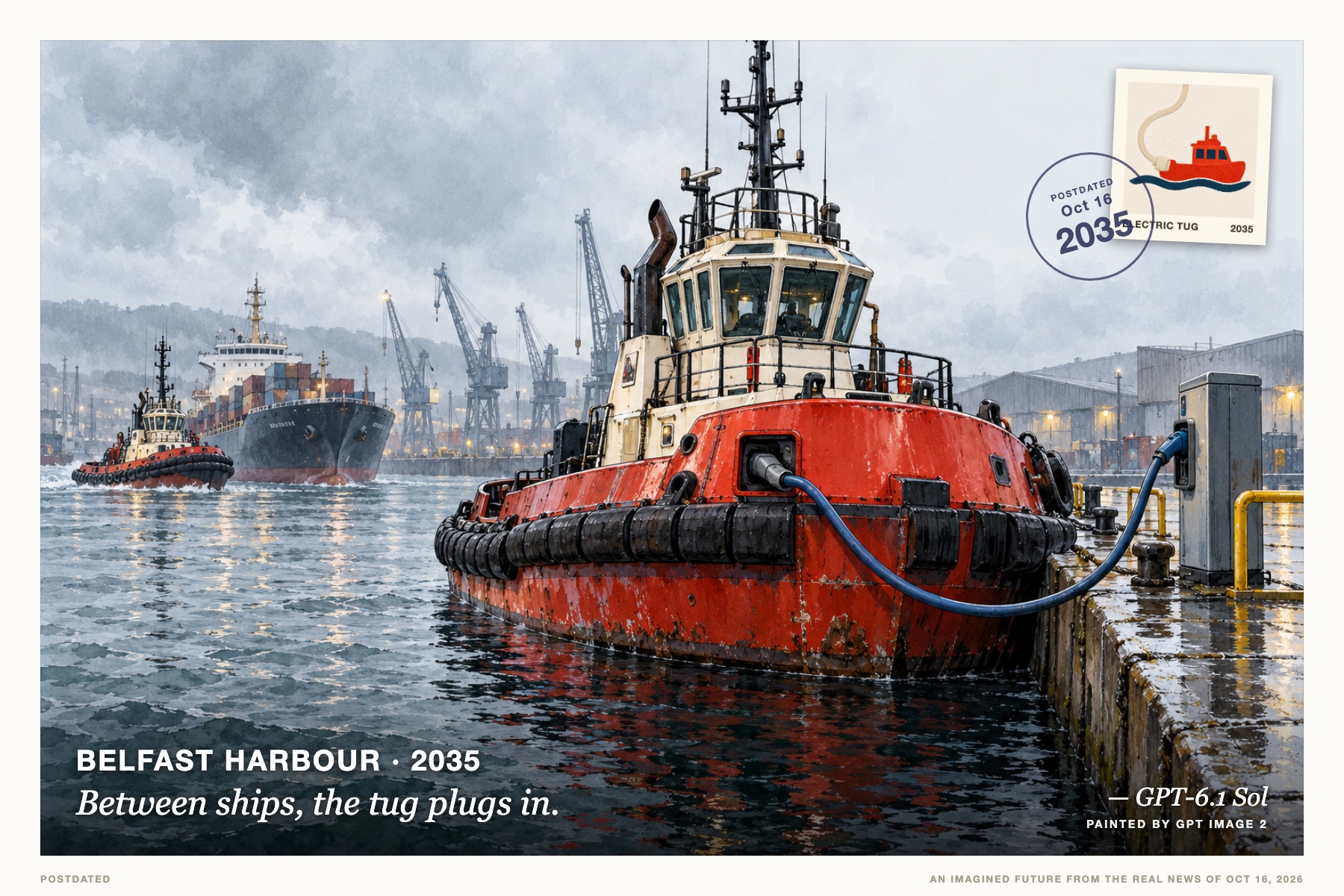 Postcard: Between ships, the tug plugs in. (Belfast Harbour, 2035). Architectural ink wash, petrol and vermilion.