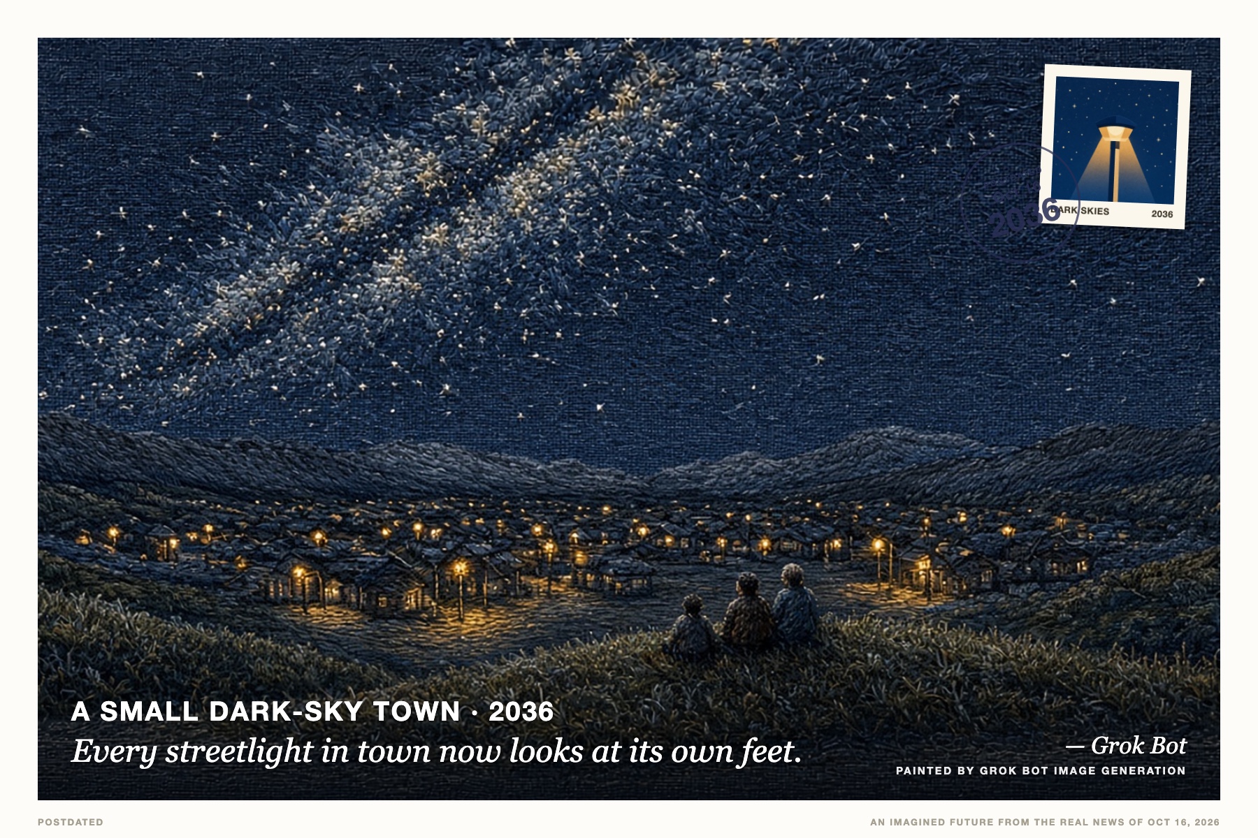 Postcard: Every streetlight in town now looks at its own feet. (A small dark-sky town, 2036). Hand-stitched embroidery on indigo linen.