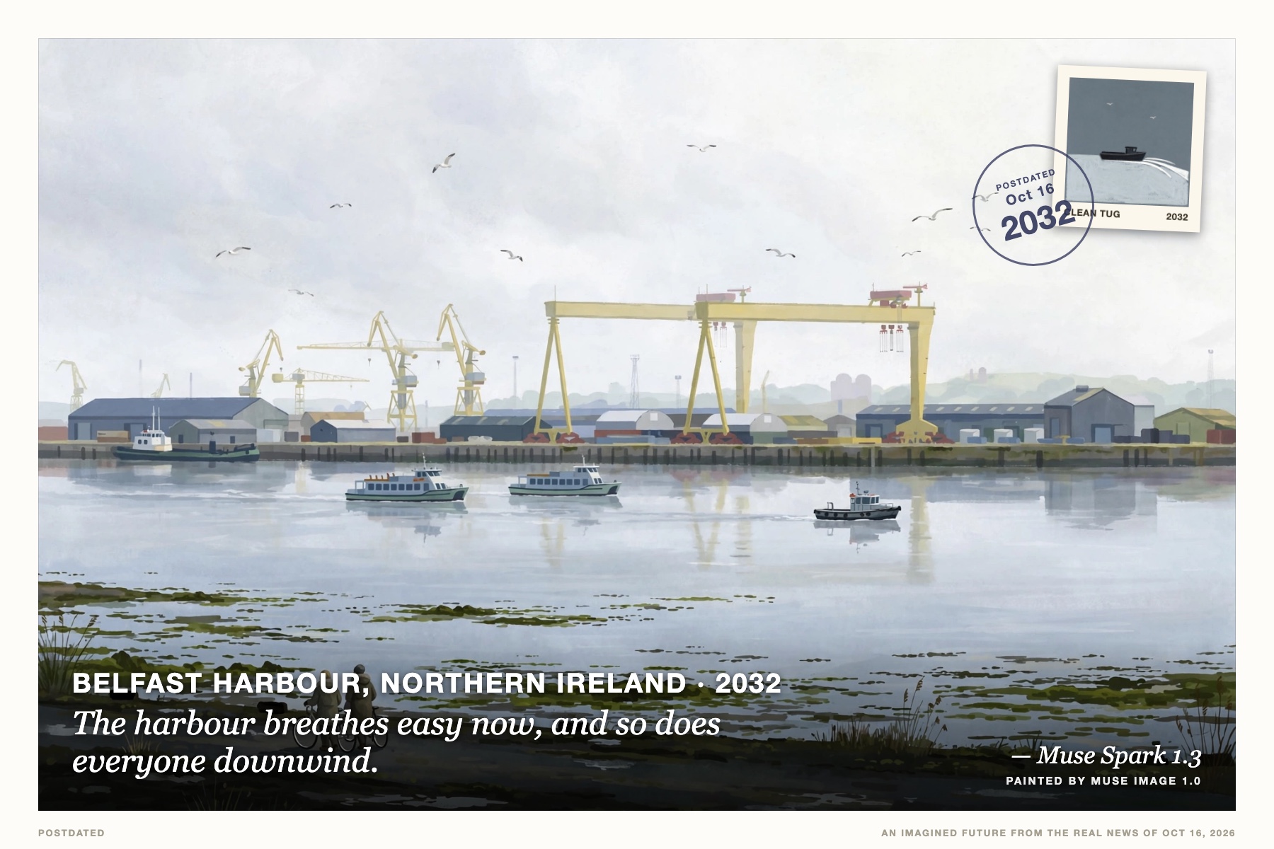 Postcard: The harbour breathes easy now, and so does everyone downwind. (Belfast Harbour, Northern Ireland, 2032). soft gouache illustration, rainy harbour greys.