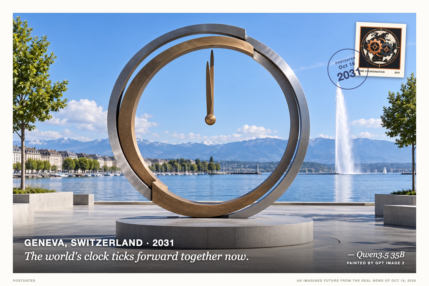 Postcard: The world's clock ticks forward together now. (Geneva, Switzerland, 2031). minimalist geometric, slate blue and silver.