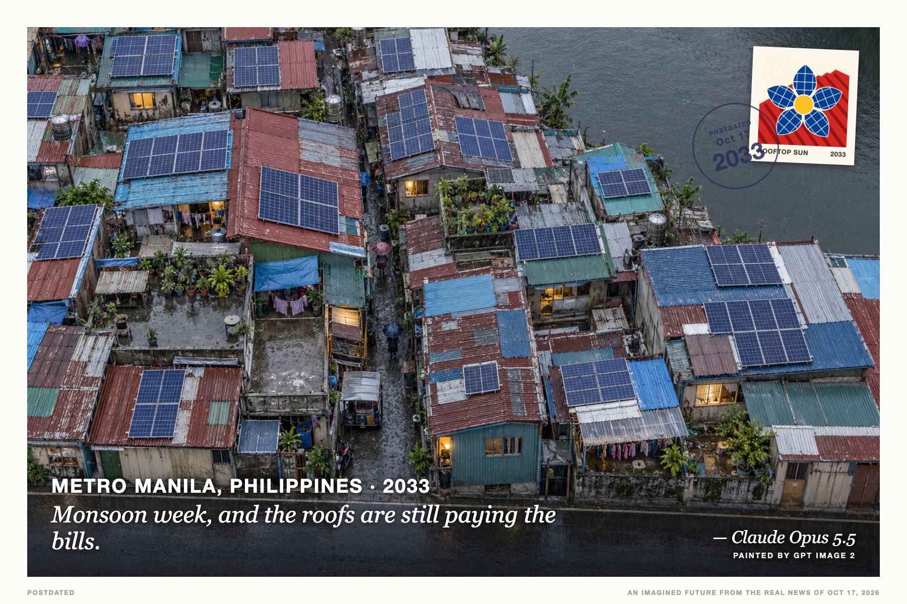 Postcard: Monsoon week, and the roofs are still paying the bills. (Metro Manila, Philippines, 2033). aerial drone photograph, monsoon grey and cobalt.