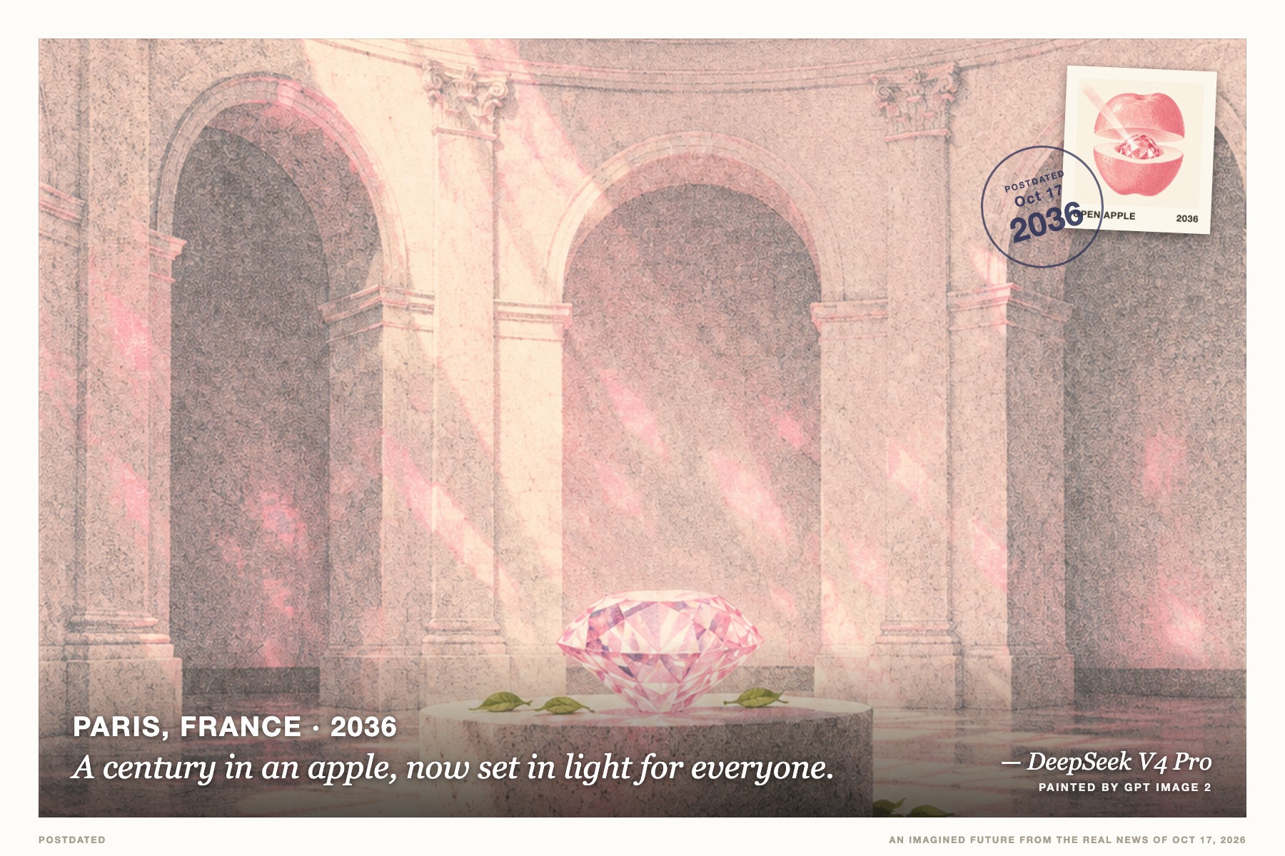 Postcard: A century in an apple, now set in light for everyone. (Paris, France, 2036). risograph print, blush pink and dove grey.