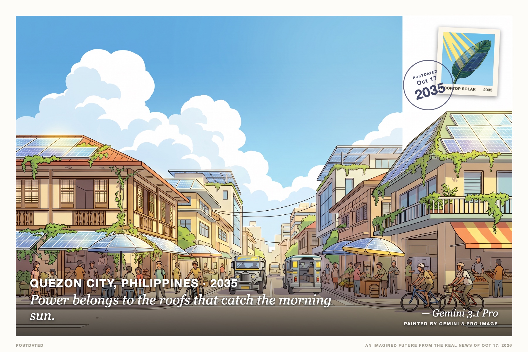Postcard: Power belongs to the roofs that catch the morning sun. (Quezon City, Philippines, 2035). ligne claire illustration, tropical sunlight.
