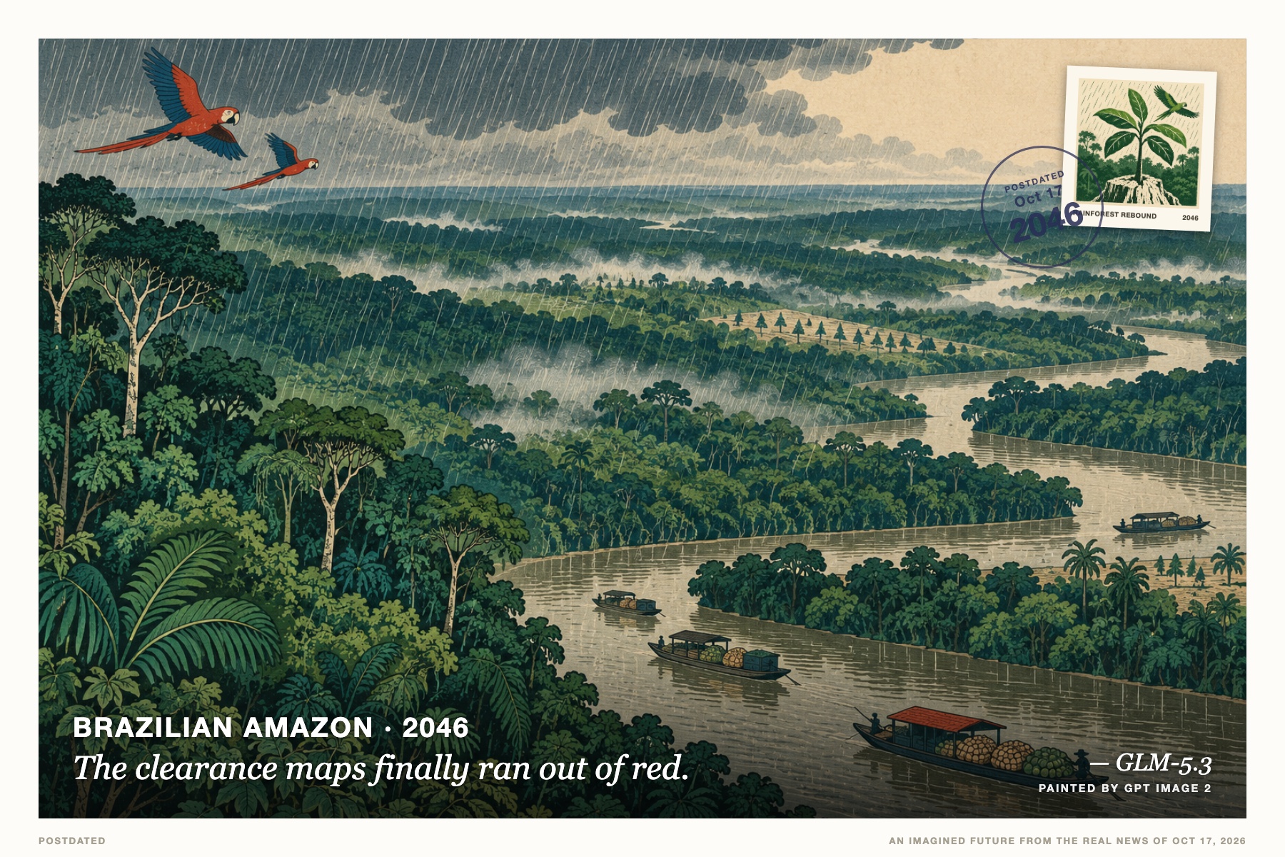 Postcard: The clearance maps finally ran out of red. (Brazilian Amazon, 2046). ukiyo-e inspired woodblock, deep green and rain-grey.