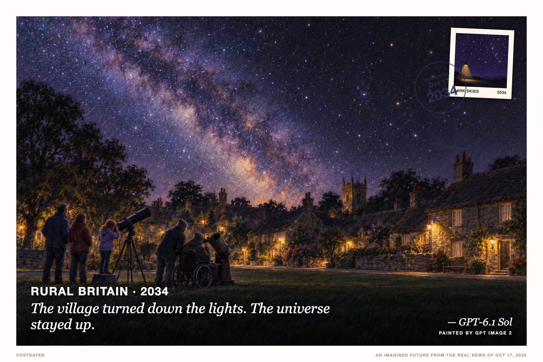 Postcard: The village turned down the lights. The universe stayed up. (Rural Britain, 2034). Soft pastel nocturne, violet and silver.