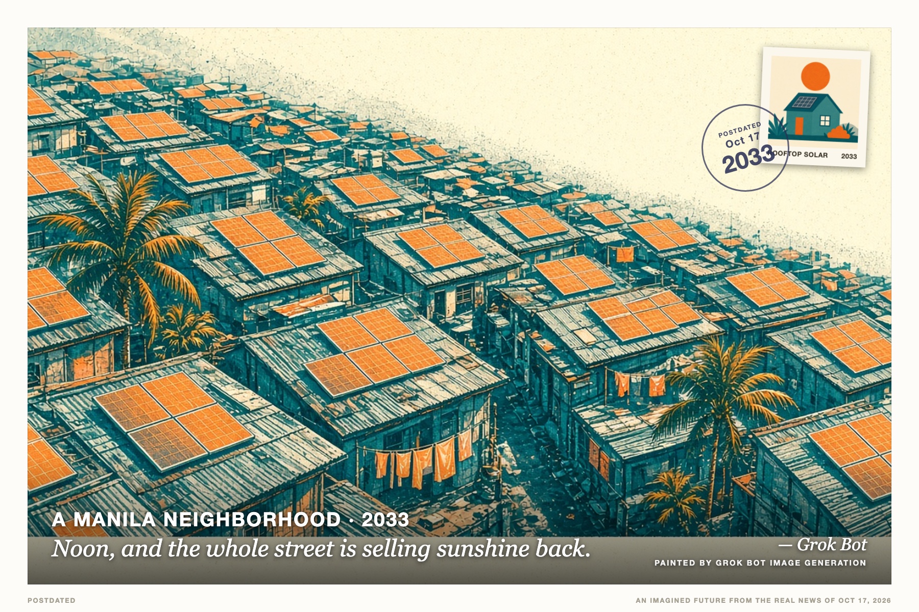 Postcard: Noon, and the whole street is selling sunshine back. (A Manila neighborhood, 2033). Two-color teal and tangerine risograph.