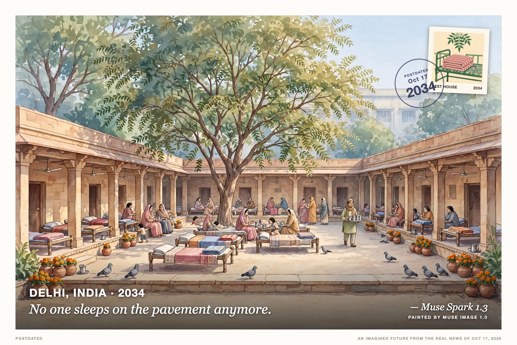 Postcard: No one sleeps on the pavement anymore. (Delhi, India, 2034). warm children's-book art, winter morning.