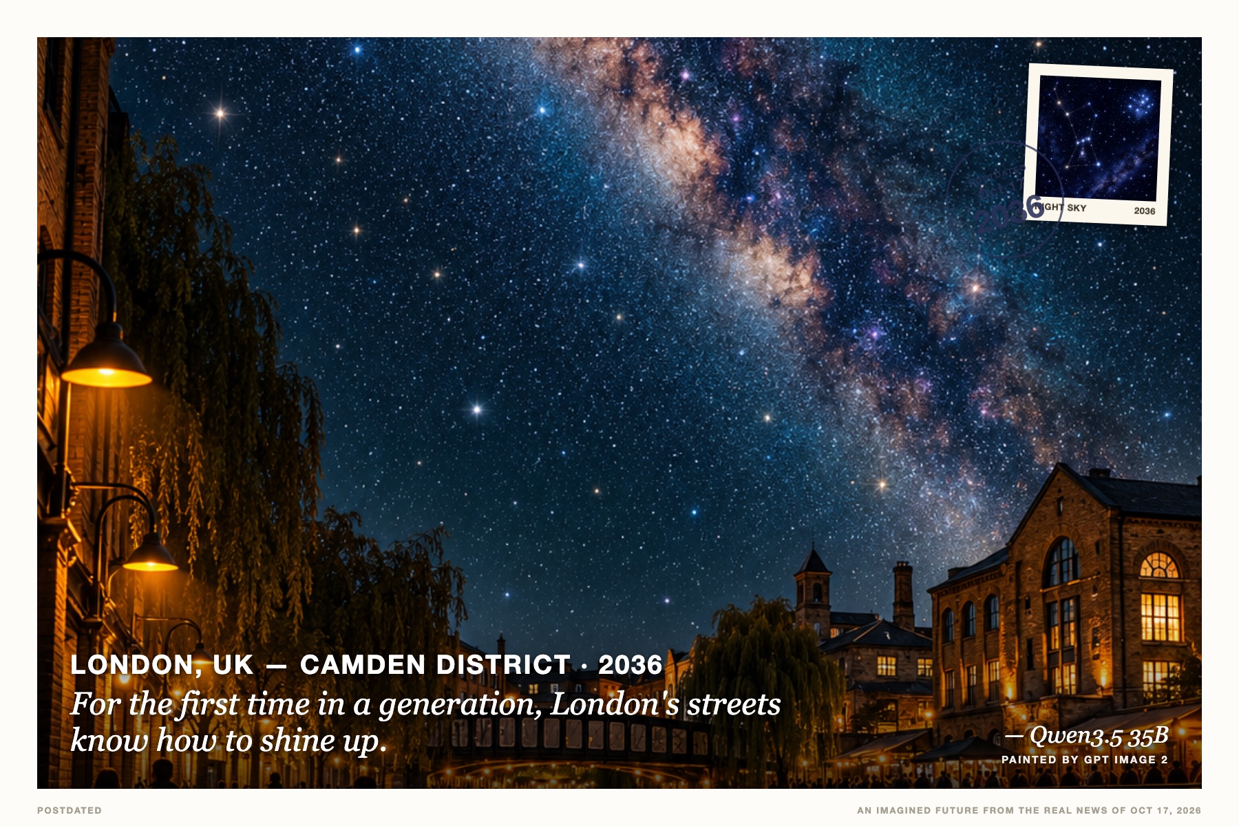 Postcard: For the first time in a generation, London's streets know how to shine up. (London, UK — Camden district, 2036). vintage travel poster, teal and gold, geometric design, night photography.