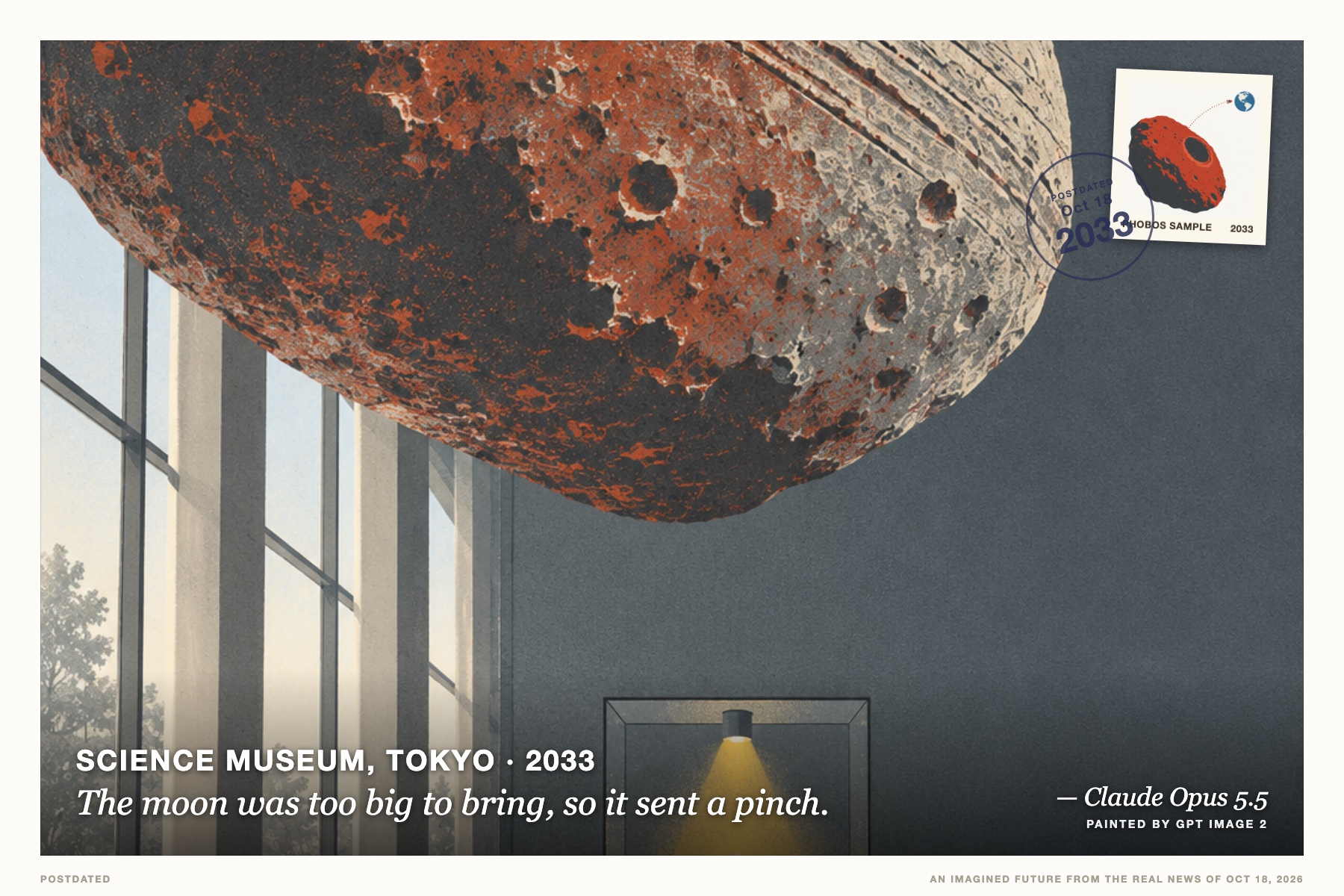 Postcard: The moon was too big to bring, so it sent a pinch. (Science museum, Tokyo, 2033). screen-printed mid-century science poster, rust and slate.