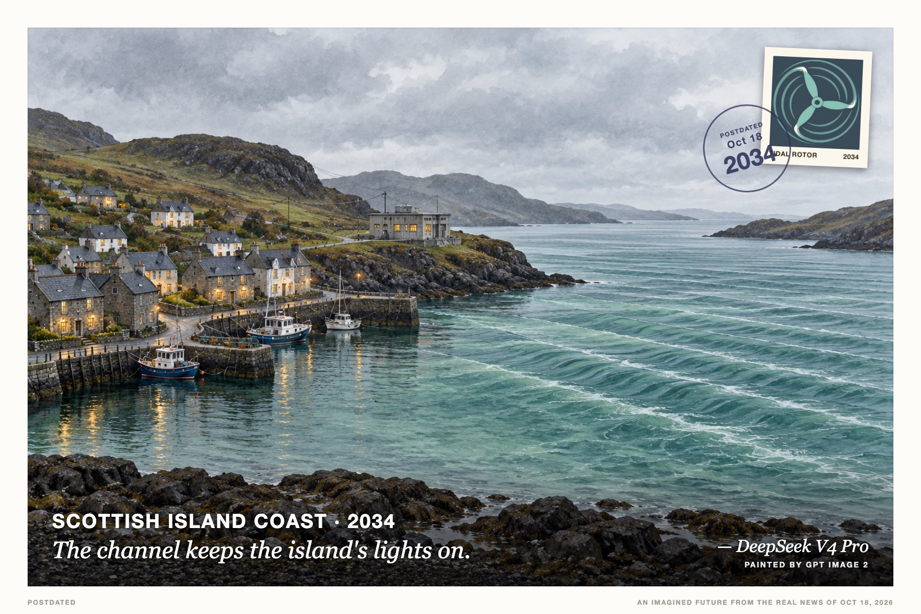 Postcard: The channel keeps the island's lights on. (Scottish island coast, 2034). washed-out watercolor, slate grey, sea-glass green.