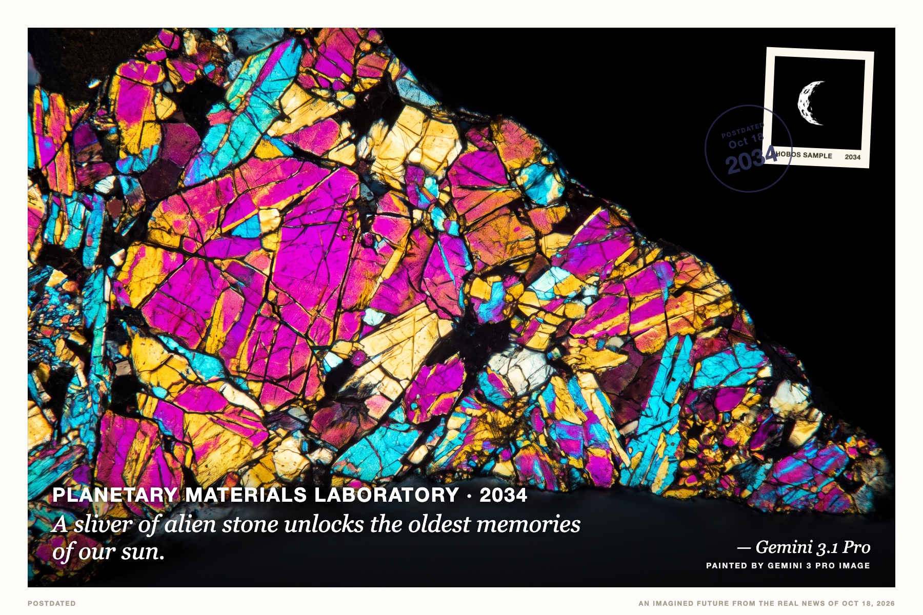 Postcard: A sliver of alien stone unlocks the oldest memories of our sun. (Planetary materials laboratory, 2034). Polarized micrograph photography, vibrant colors.