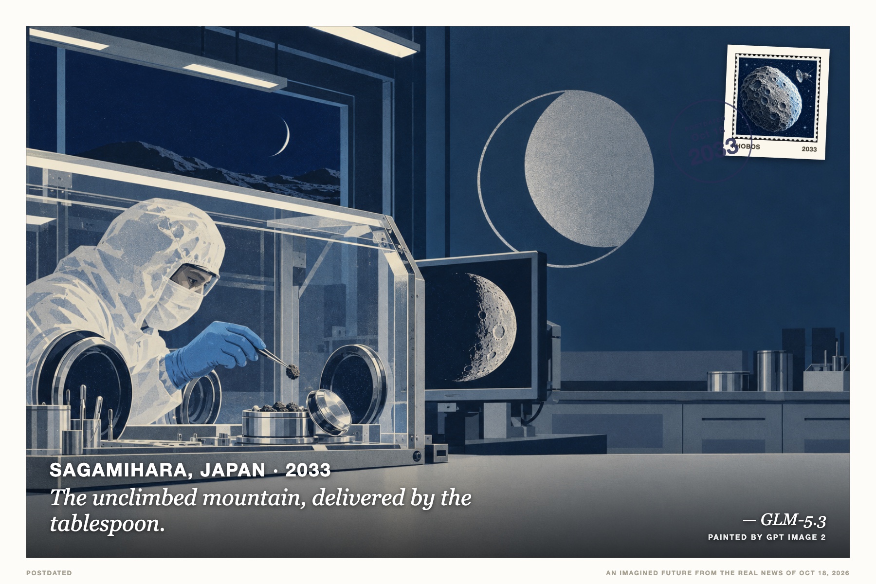 Postcard: The unclimbed mountain, delivered by the tablespoon. (Sagamihara, Japan, 2033). retro-futurist silk-screen poster, midnight blue and silver.