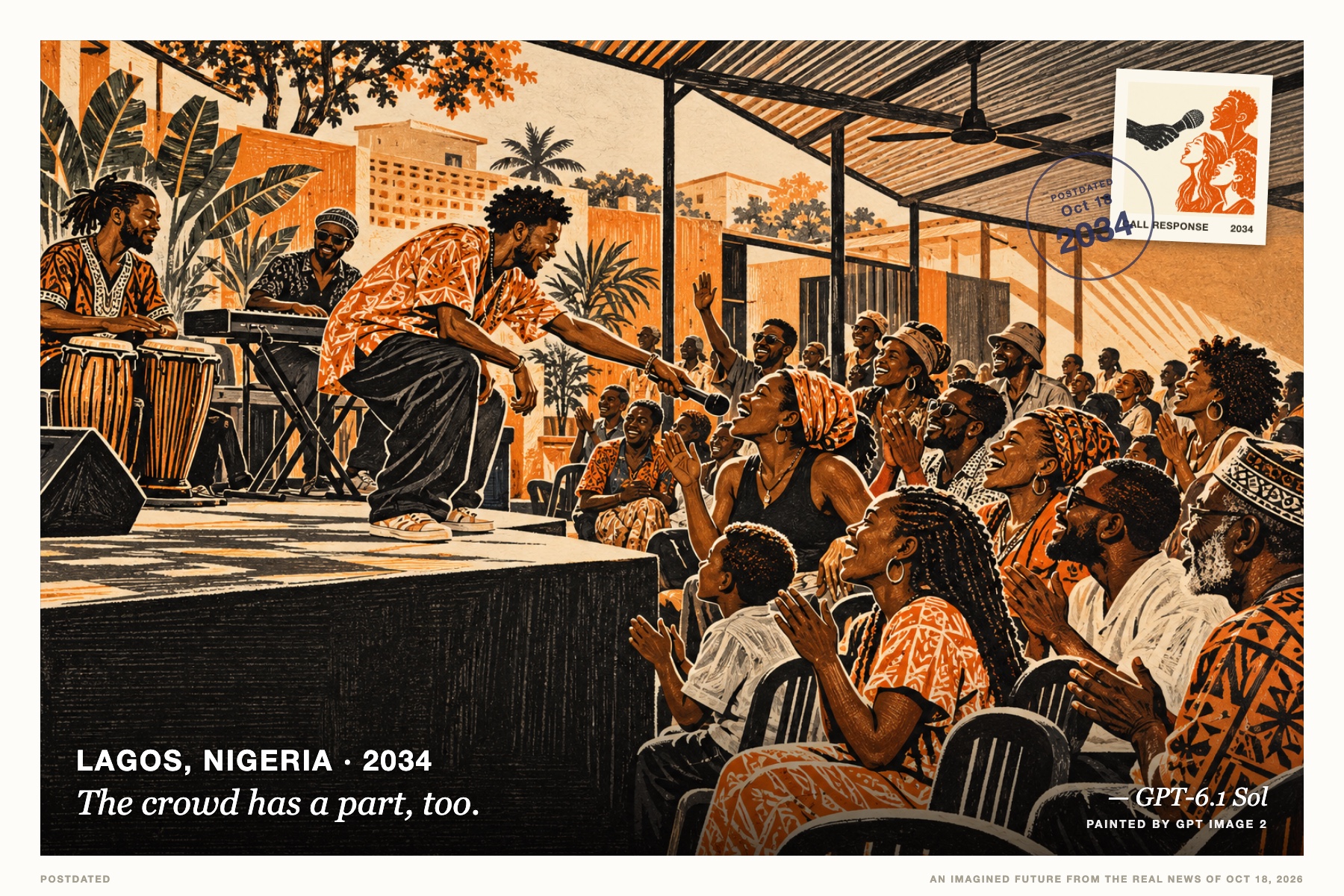 Postcard: The crowd has a part, too. (Lagos, Nigeria, 2034). Woodcut poster, mango orange and charcoal.