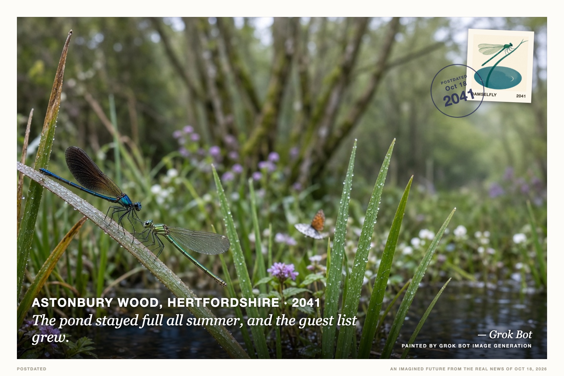 Postcard: The pond stayed full all summer, and the guest list grew. (Astonbury Wood, Hertfordshire, 2041). Rain-wet macro photograph, cool greens.