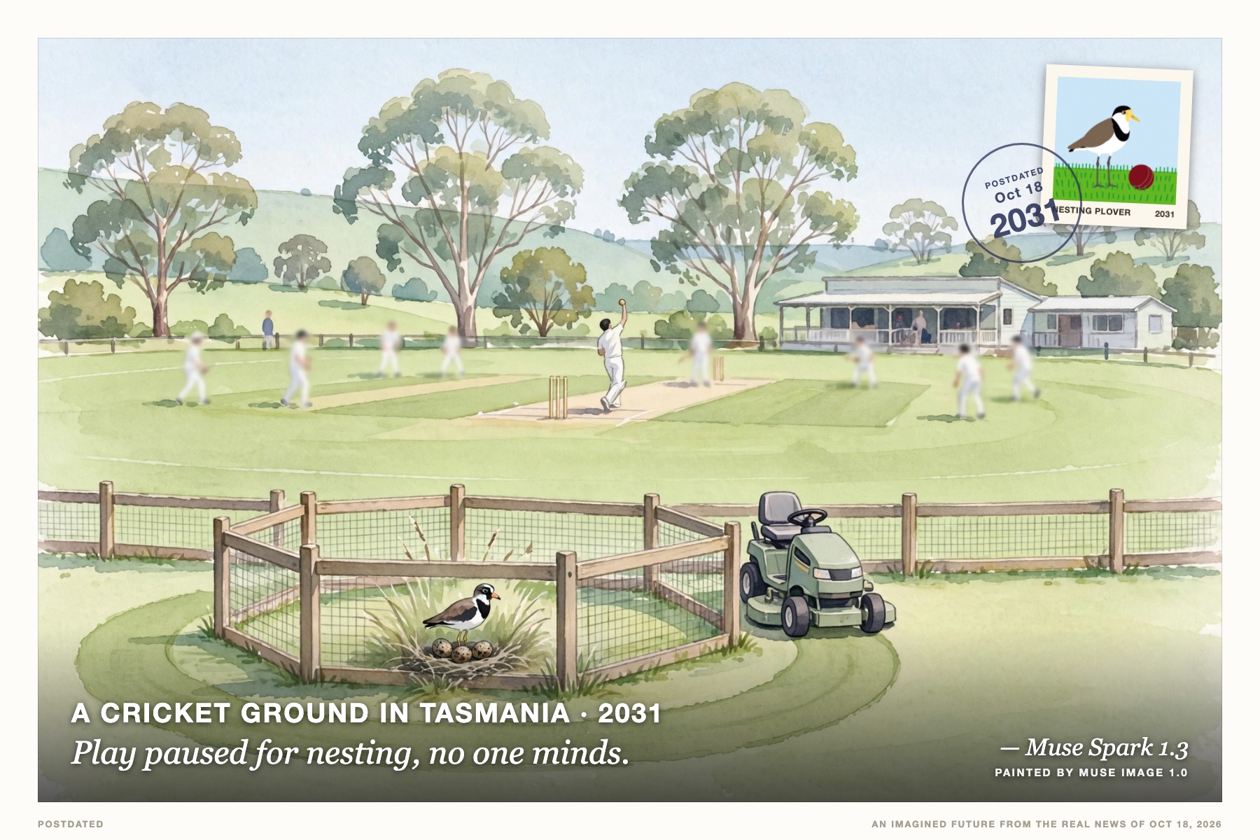 Postcard: Play paused for nesting, no one minds. (A cricket ground in Tasmania, 2031). loose watercolour, bright morning greens.