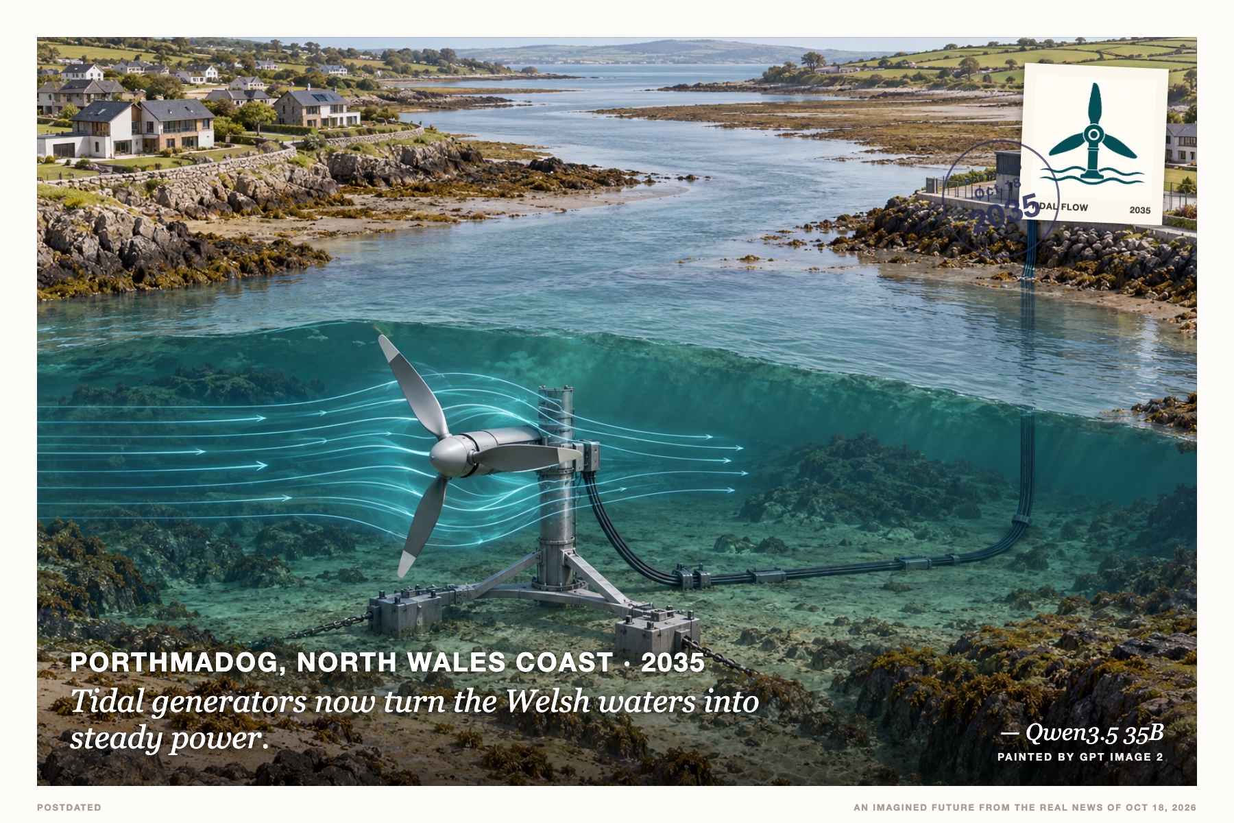 Postcard: Tidal generators now turn the Welsh waters into steady power. (Porthmadog, North Wales coast, 2035). isometric cutaway, teal and grey with natural daylight.