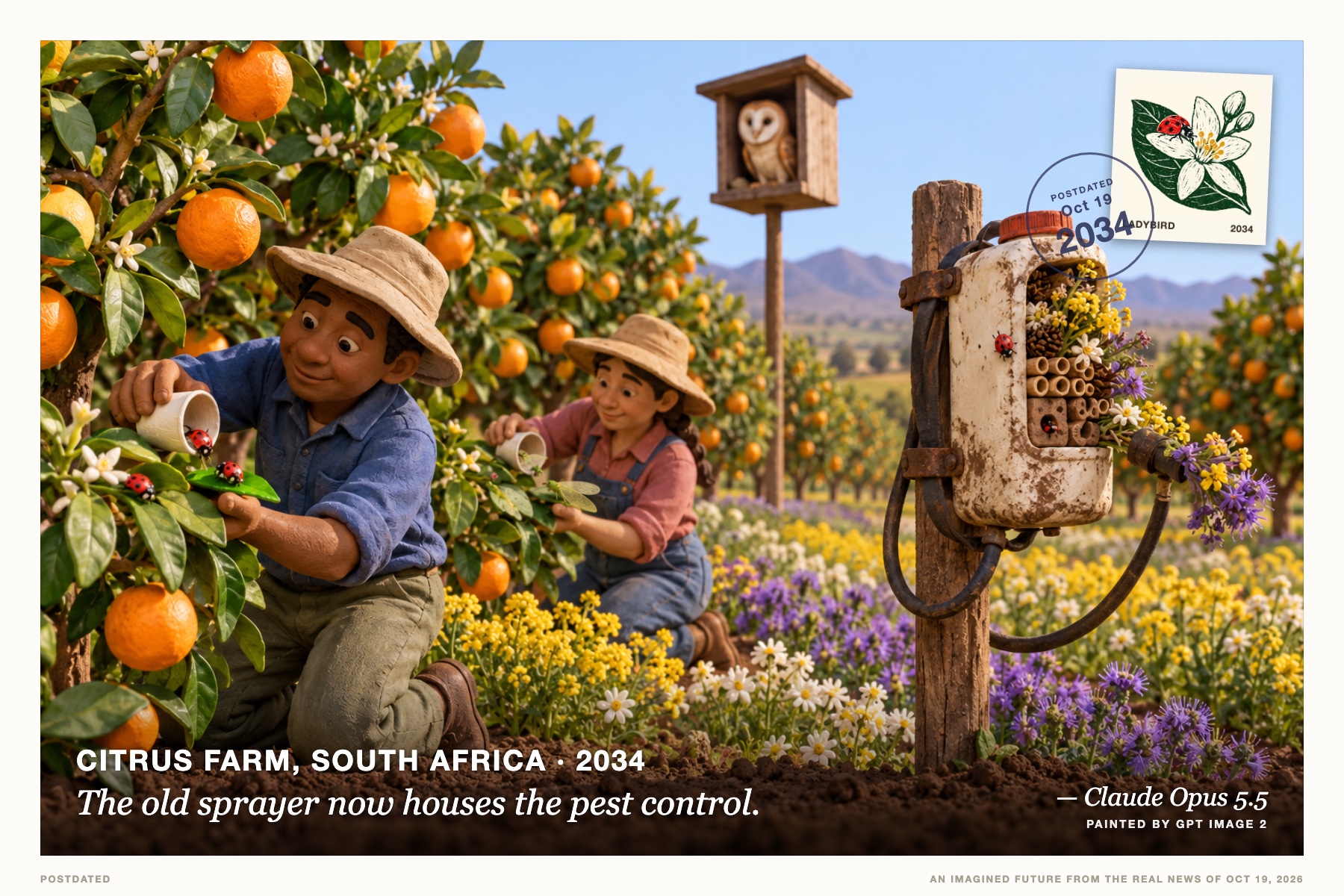 Postcard: The old sprayer now houses the pest control. (Citrus farm, South Africa, 2034). claymation still, citrus orange and leaf green.