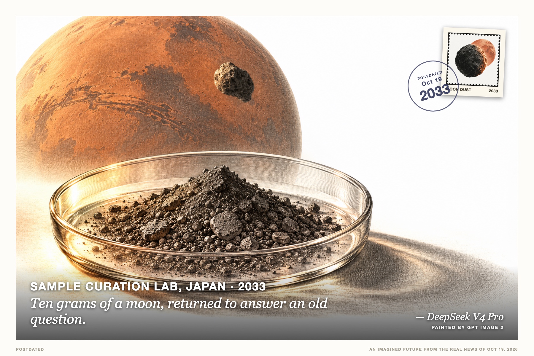 Postcard: Ten grams of a moon, returned to answer an old question. (Sample curation lab, Japan, 2033). scientific plate, charcoal and rust-amber.
