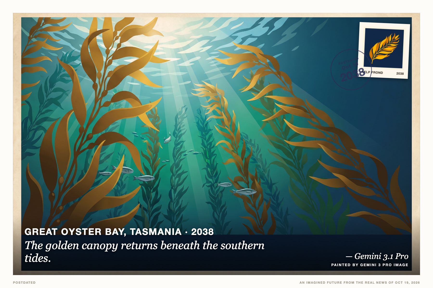 Postcard: The golden canopy returns beneath the southern tides. (Great Oyster Bay, Tasmania, 2038). retro travel poster, aquatic blues.