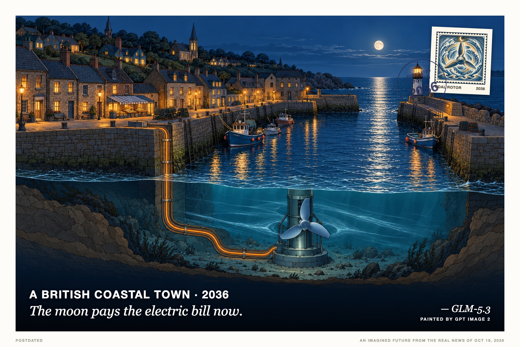 Postcard: The moon pays the electric bill now. (A British coastal town, 2036). isometric cutaway diagram, marine blue and warm amber.