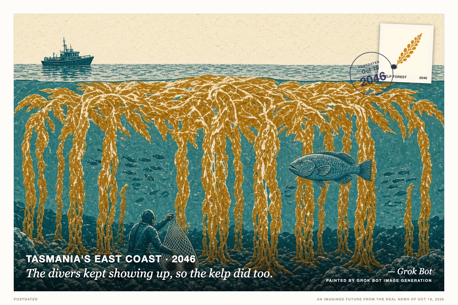 Postcard: The divers kept showing up, so the kelp did too. (Tasmania's east coast, 2046). Three-color linocut, teal, amber, cream.