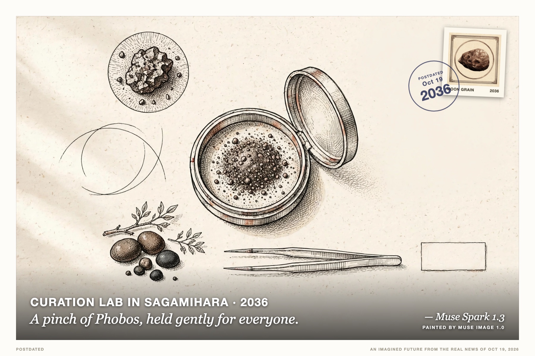 Postcard: A pinch of Phobos, held gently for everyone. (Curation lab in Sagamihara, 2036). hand-drawn scientific plate, ink and rust.
