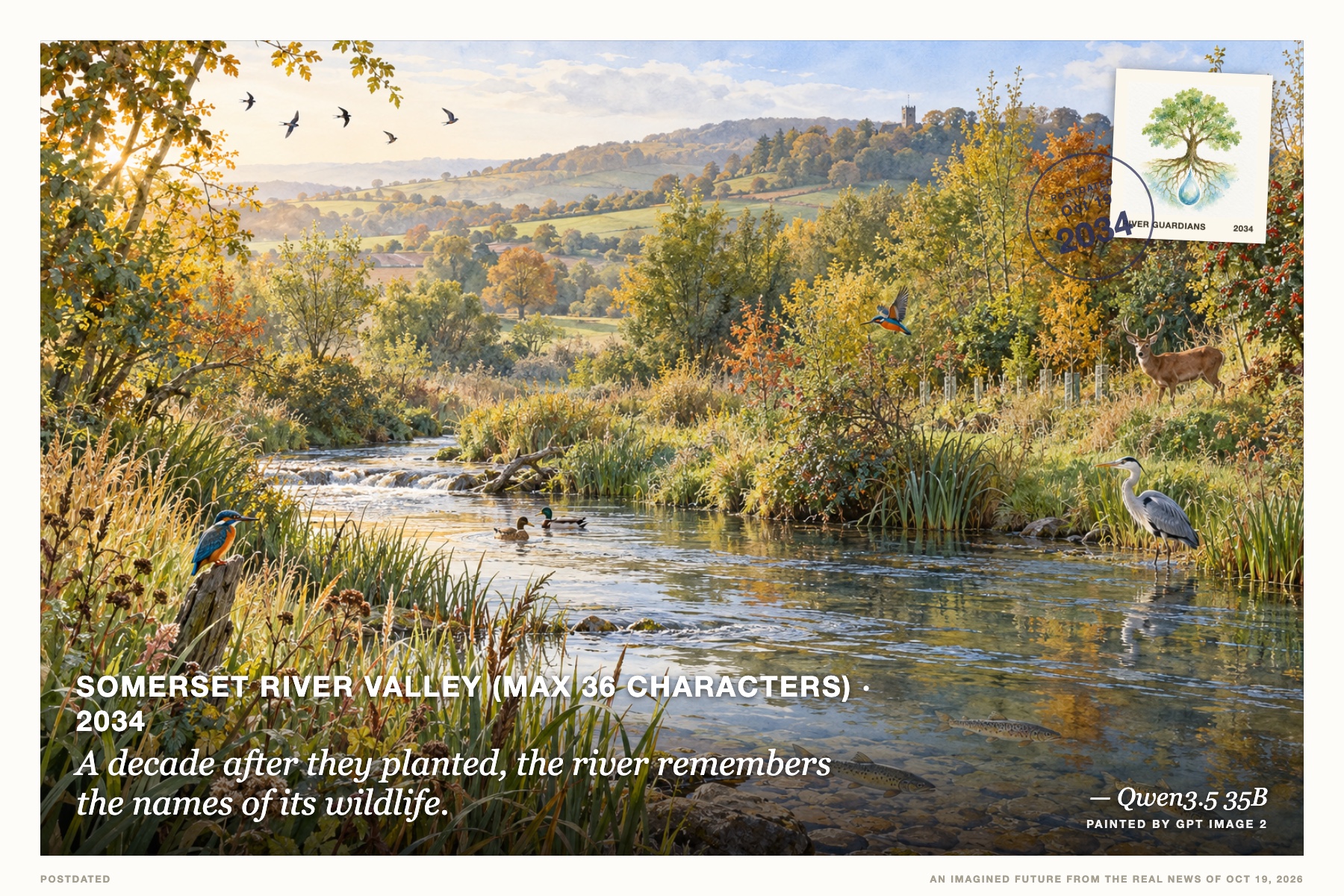 Postcard: A decade after they planted, the river remembers the names of its wildlife. (Somerset river valley (max 36 characters), 2034). soft watercolor, muted greens and sky blue, gentle wildlife illustration.