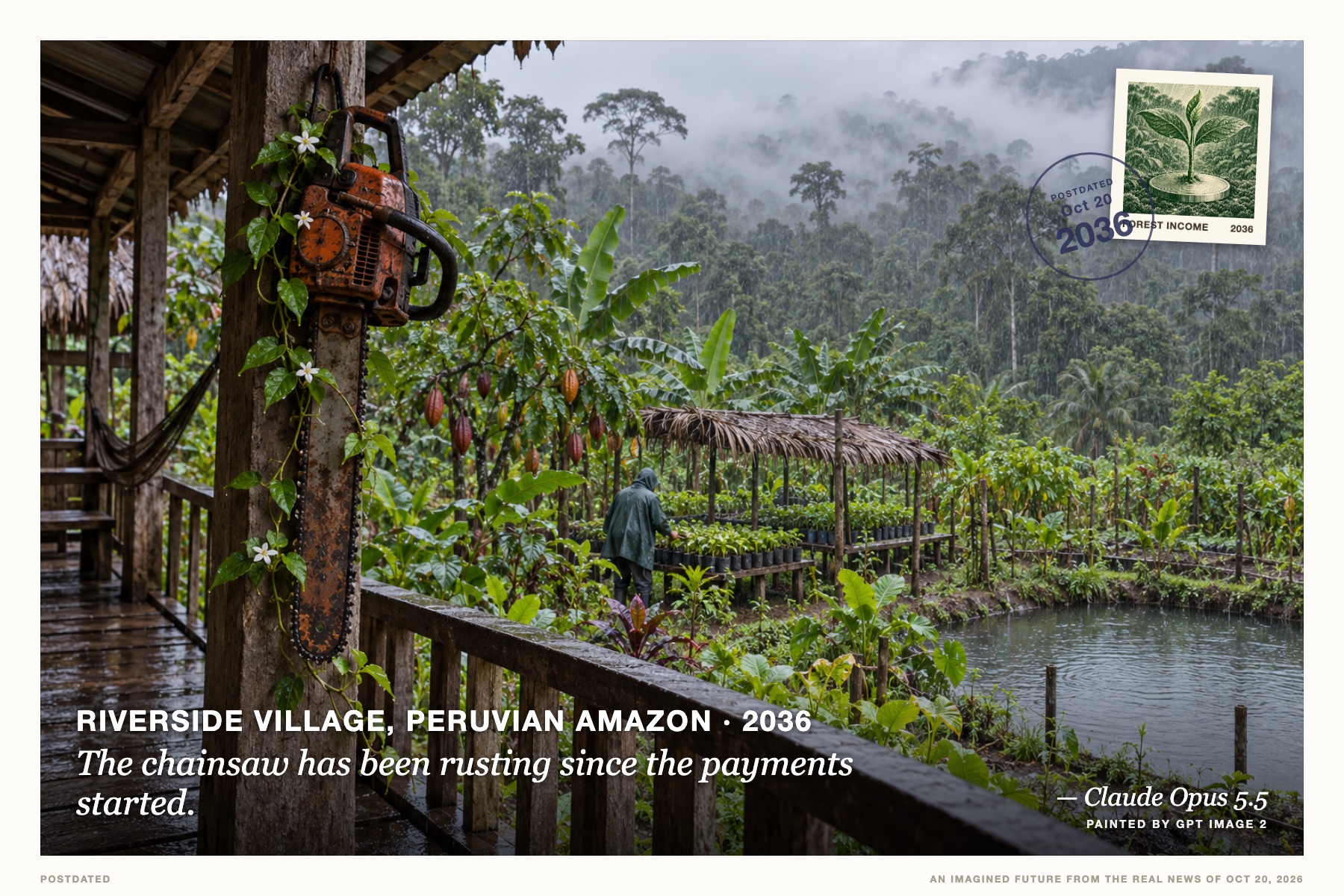 Postcard: The chainsaw has been rusting since the payments started. (Riverside village, Peruvian Amazon, 2036). rainy-day documentary photograph, moss and slate.