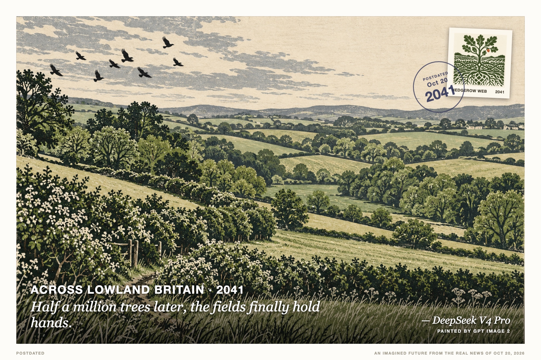 Postcard: Half a million trees later, the fields finally hold hands. (Across lowland Britain, 2041). linocut print, moss green and oat cream.