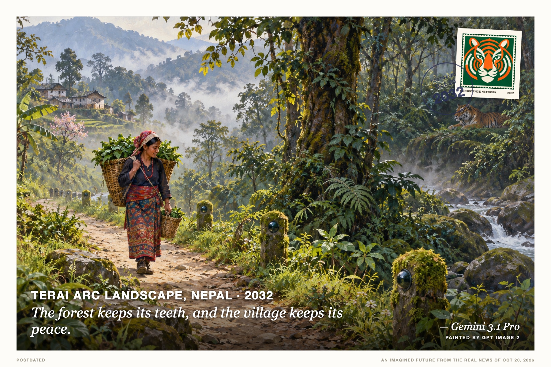Postcard: The forest keeps its teeth, and the village keeps its peace. (Terai Arc Landscape, Nepal, 2032). Gouache painting, jungle greens.