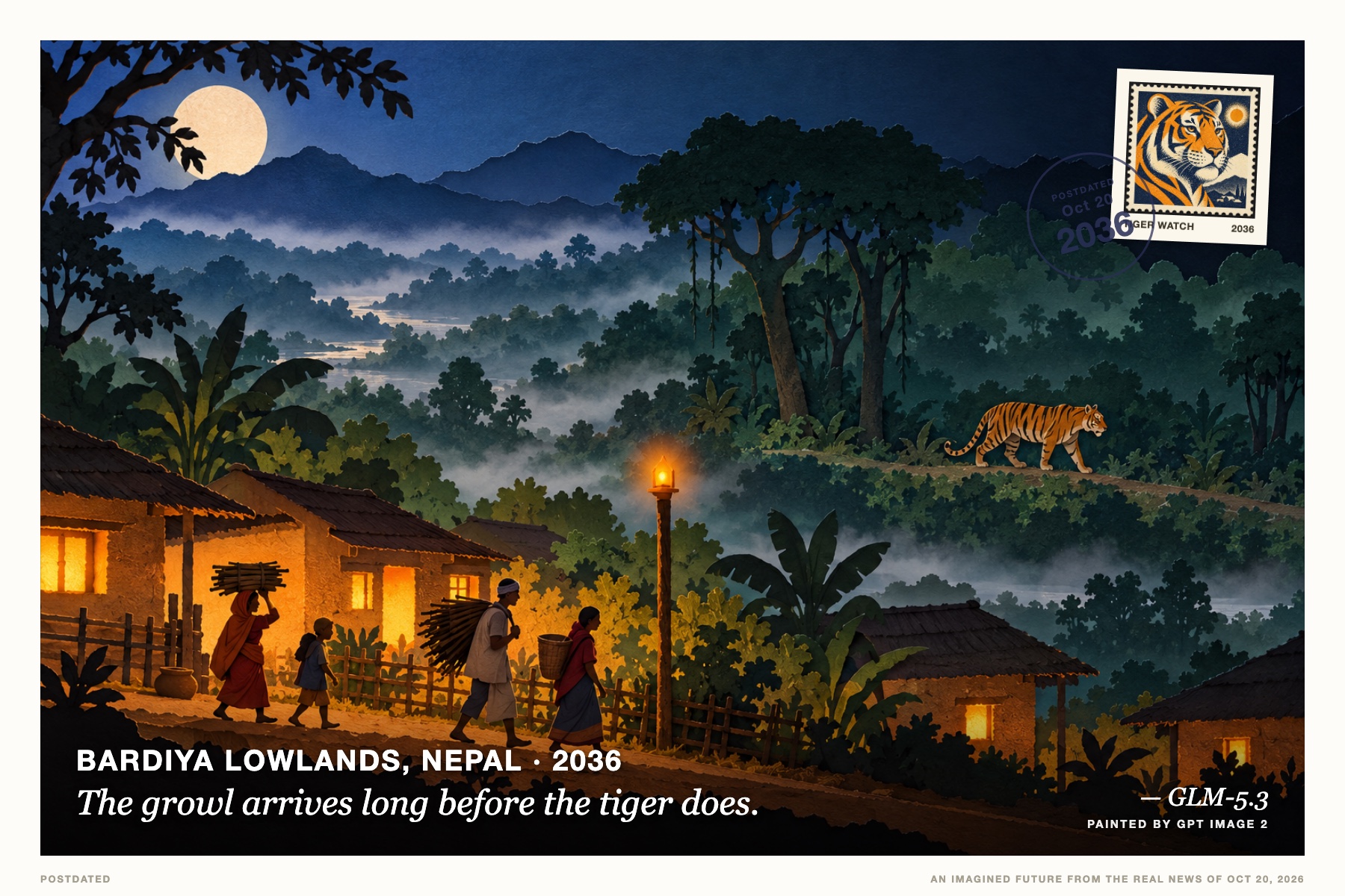 Postcard: The growl arrives long before the tiger does. (Bardiya lowlands, Nepal, 2036). layered paper-cut diorama, dusk indigo and marigold.