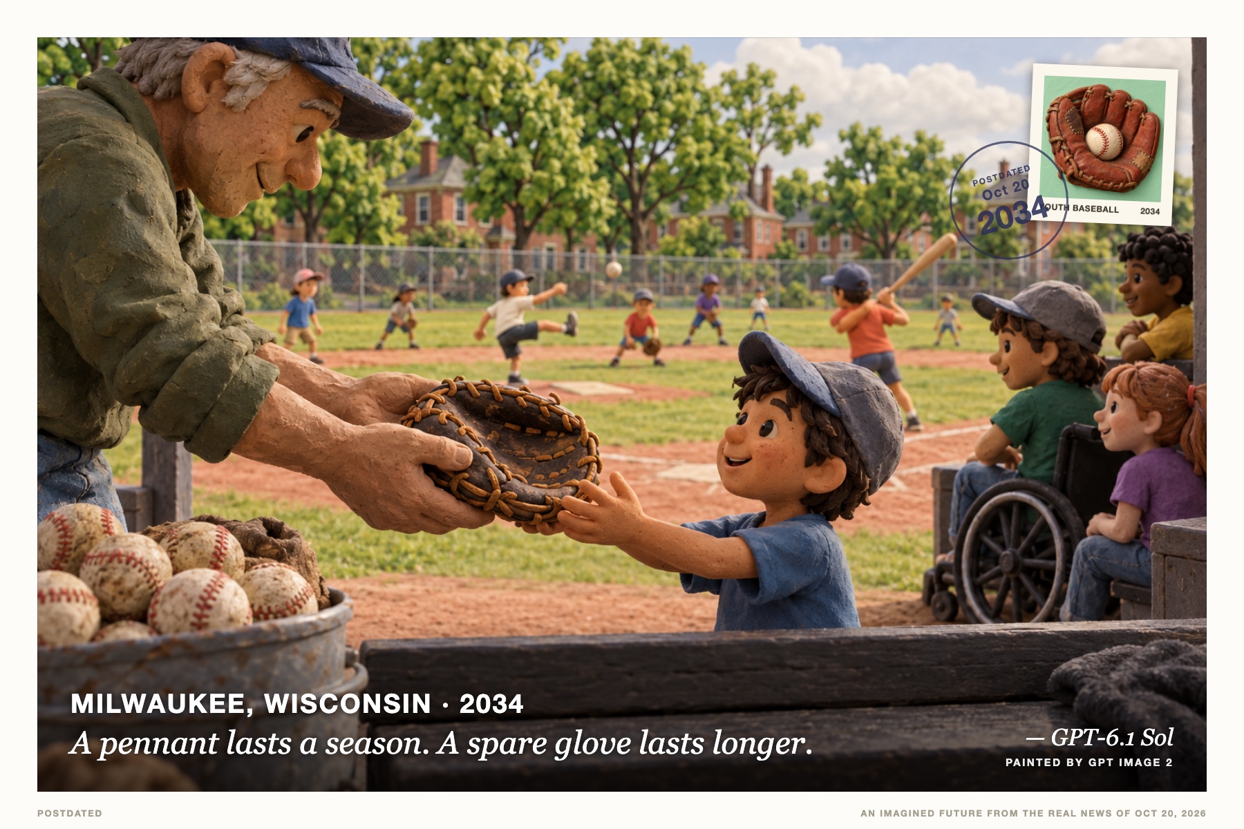 Postcard: A pennant lasts a season. A spare glove lasts longer. (Milwaukee, Wisconsin, 2034). Claymation miniature, brick red and mint.