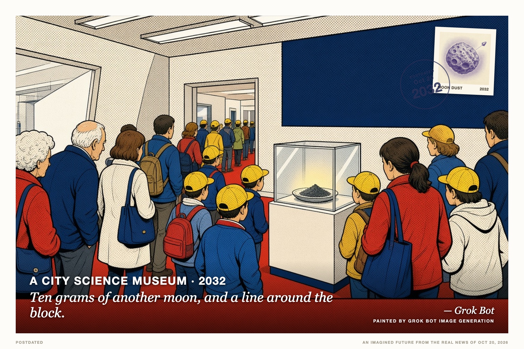 Postcard: Ten grams of another moon, and a line around the block. (A city science museum, 2032). Pop art comic panel, halftone, red and navy.
