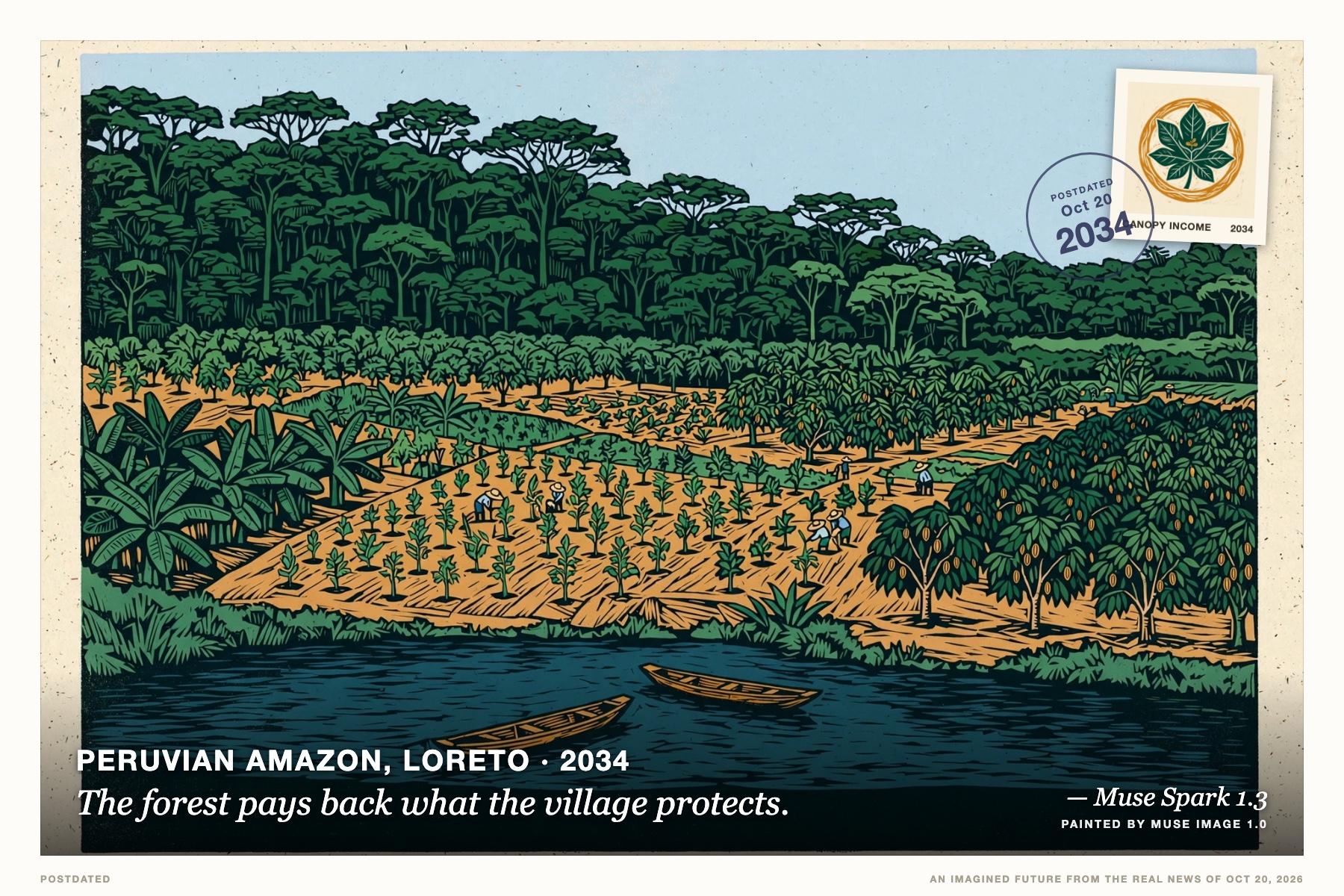 Postcard: The forest pays back what the village protects. (Peruvian Amazon, Loreto, 2034). linocut print, forest green and ochre.