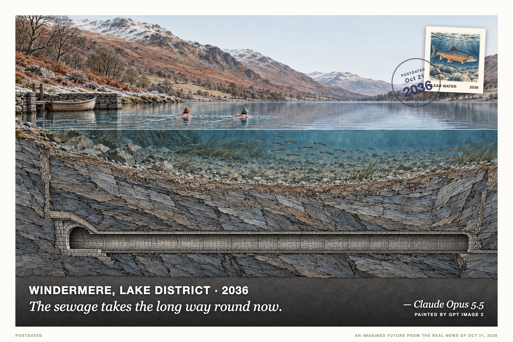 Postcard: The sewage takes the long way round now. (Windermere, Lake District, 2036). hand-tinted engineering cutaway, ink and pale wash.