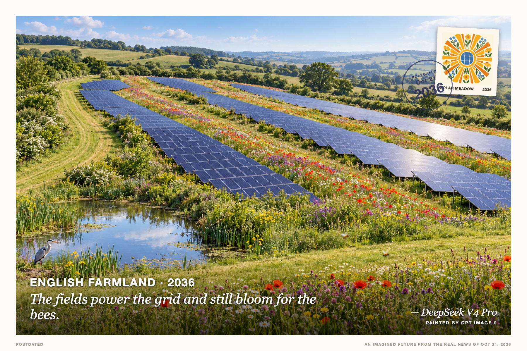 Postcard: The fields power the grid and still bloom for the bees. (English farmland, 2036). flat mid-century illustration, amber and meadow green.