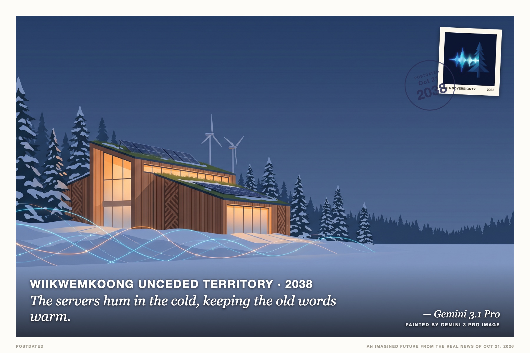 Postcard: The servers hum in the cold, keeping the old words warm. (Wiikwemkoong Unceded Territory, 2038). geometric vector art, cool blues.