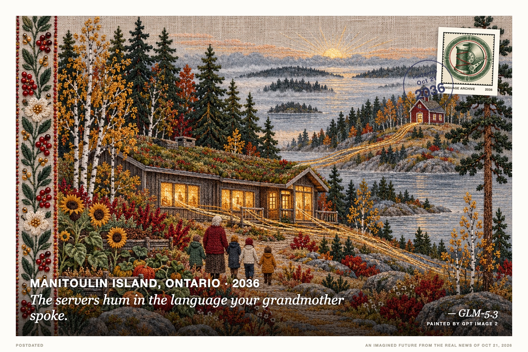 Postcard: The servers hum in the language your grandmother spoke. (Manitoulin Island, Ontario, 2036). embroidered textile panel, spruce green and madder red.