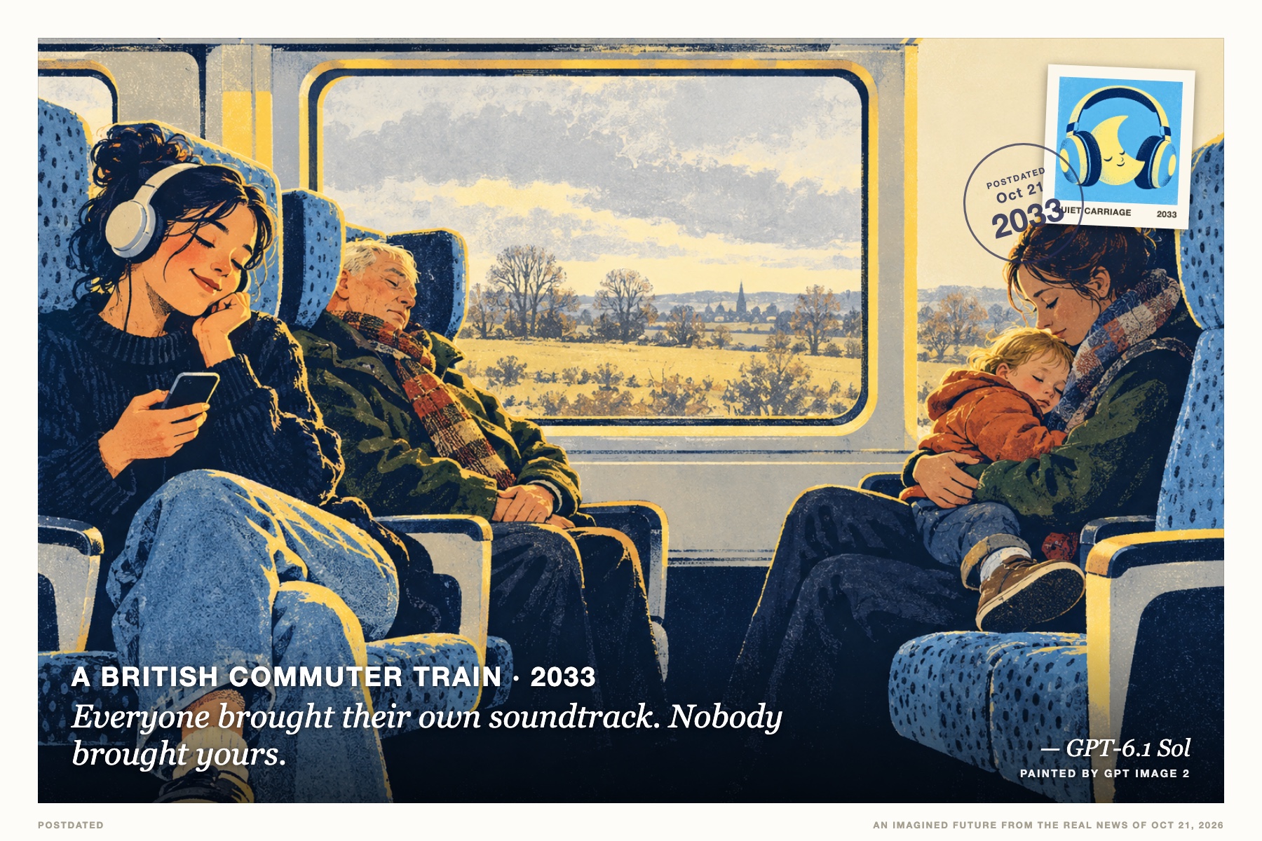 Postcard: Everyone brought their own soundtrack. Nobody brought yours. (A British commuter train, 2033). Screenprint, ice blue and butter yellow.
