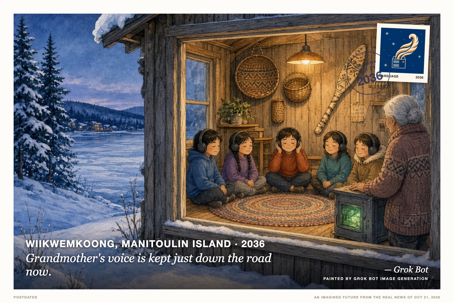 Postcard: Grandmother's voice is kept just down the road now. (Wiikwemkoong, Manitoulin Island, 2036). Children's-book ink and watercolor, winter blues.
