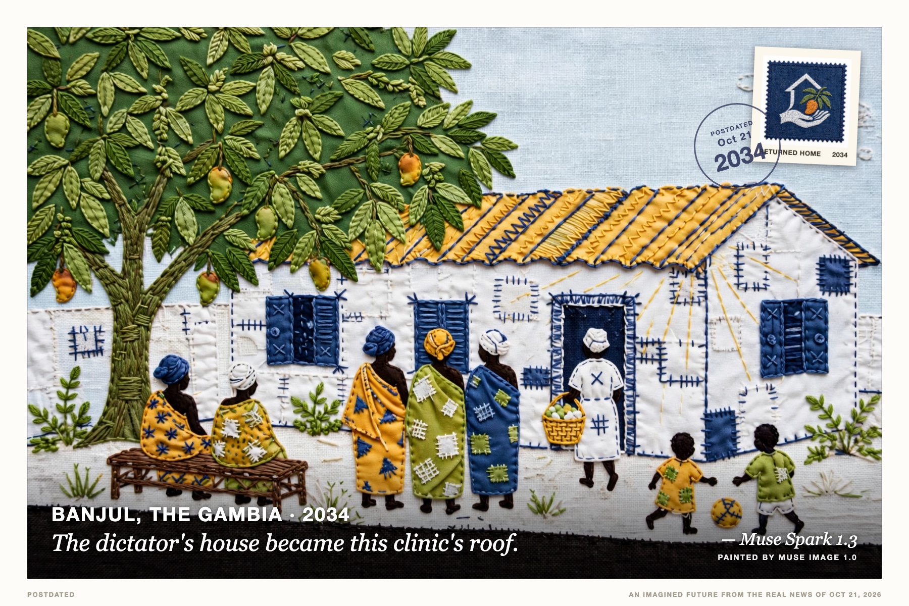 Postcard: The dictator's house became this clinic's roof. (Banjul, The Gambia, 2034). hand-stitched embroidery, saffron and indigo.