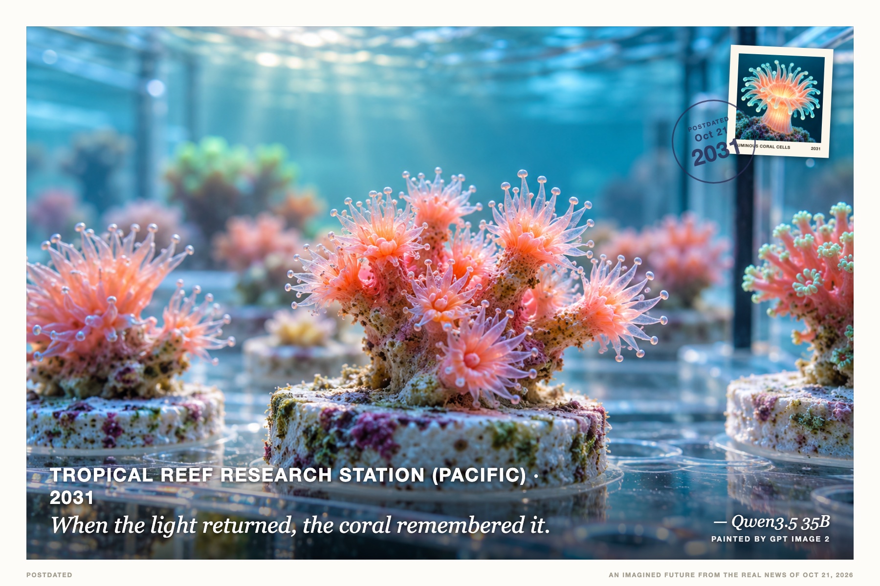 Postcard: When the light returned, the coral remembered it. (tropical reef research station (Pacific), 2031). scientific macrostudy, aqua and coral pink with soft glow.