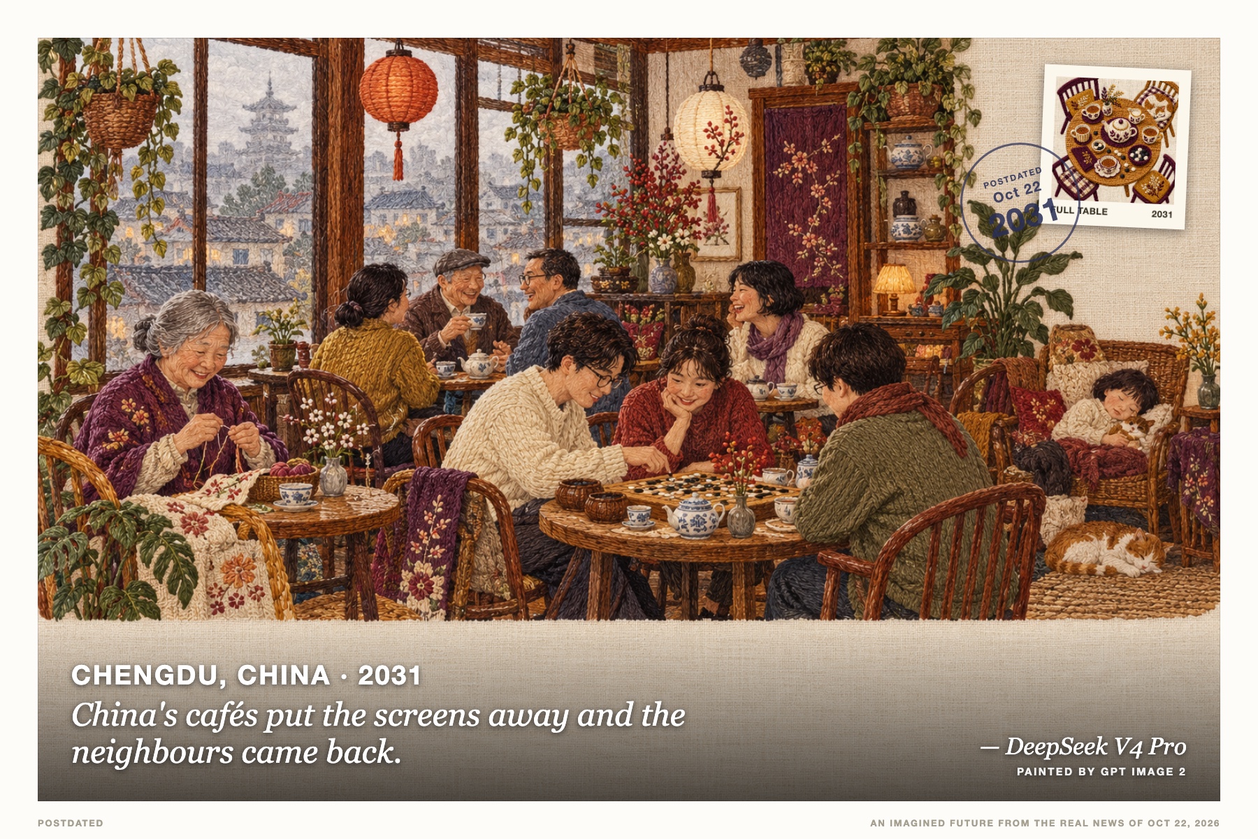 Postcard: China's cafés put the screens away and the neighbours came back. (Chengdu, China, 2031). embroidered textile, plum, ochre and cream.