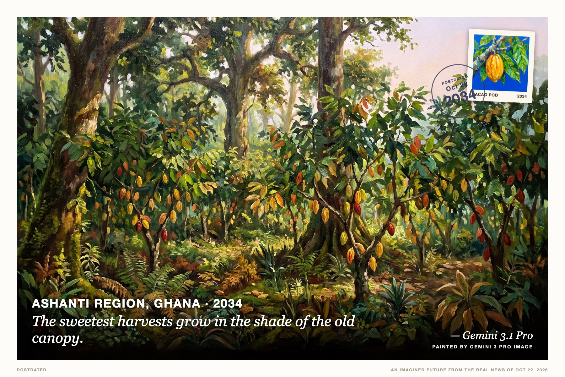 Postcard: The sweetest harvests grow in the shade of the old canopy. (Ashanti Region, Ghana, 2034). vibrant impressionist oil painting.