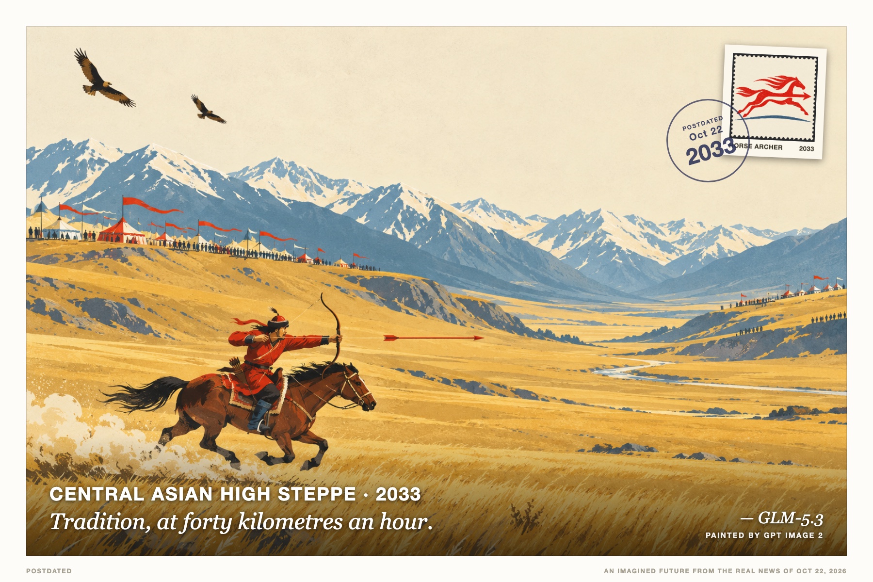 Postcard: Tradition, at forty kilometres an hour. (Central Asian high steppe, 2033). flat mid-century sports illustration, poppy red and gold.