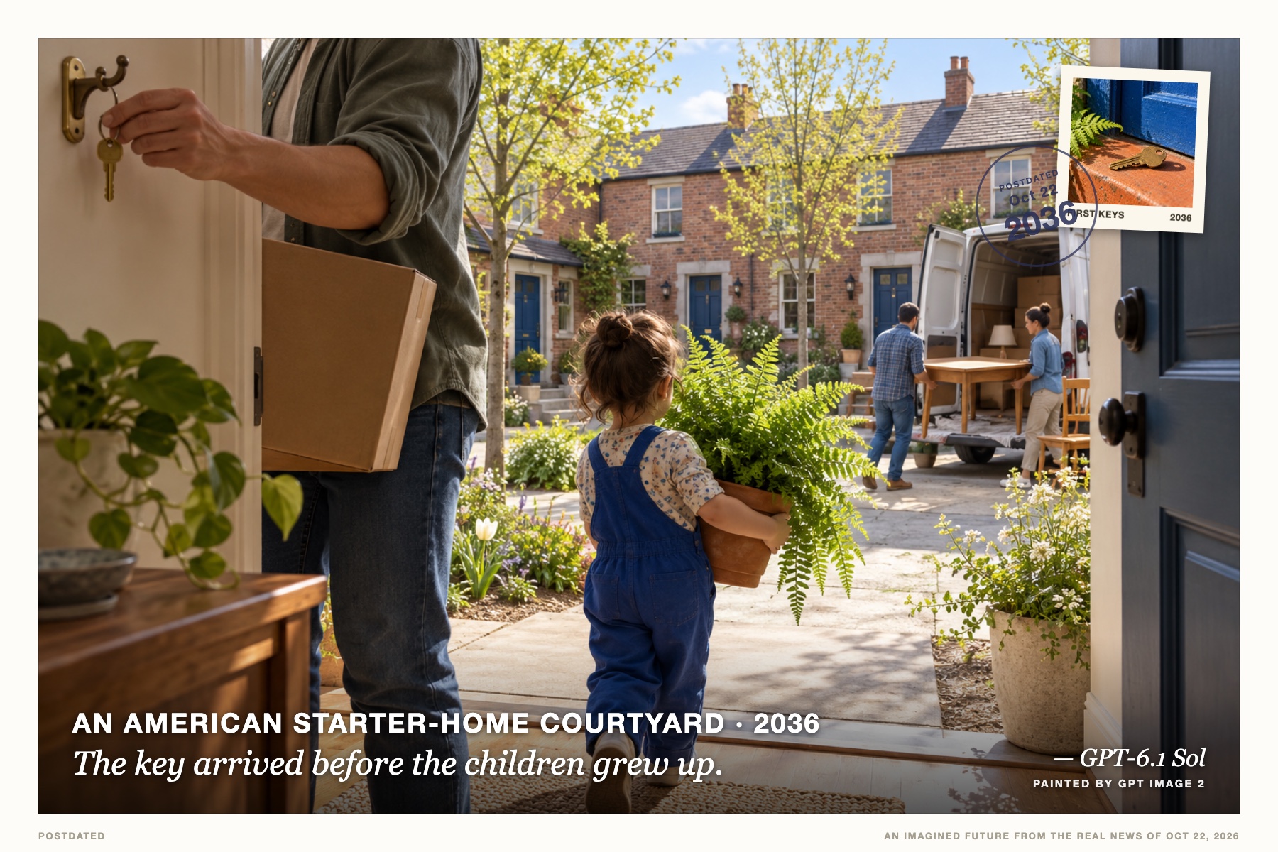 Postcard: The key arrived before the children grew up. (An American starter-home courtyard, 2036). Documentary photography, cobalt and warm brick.