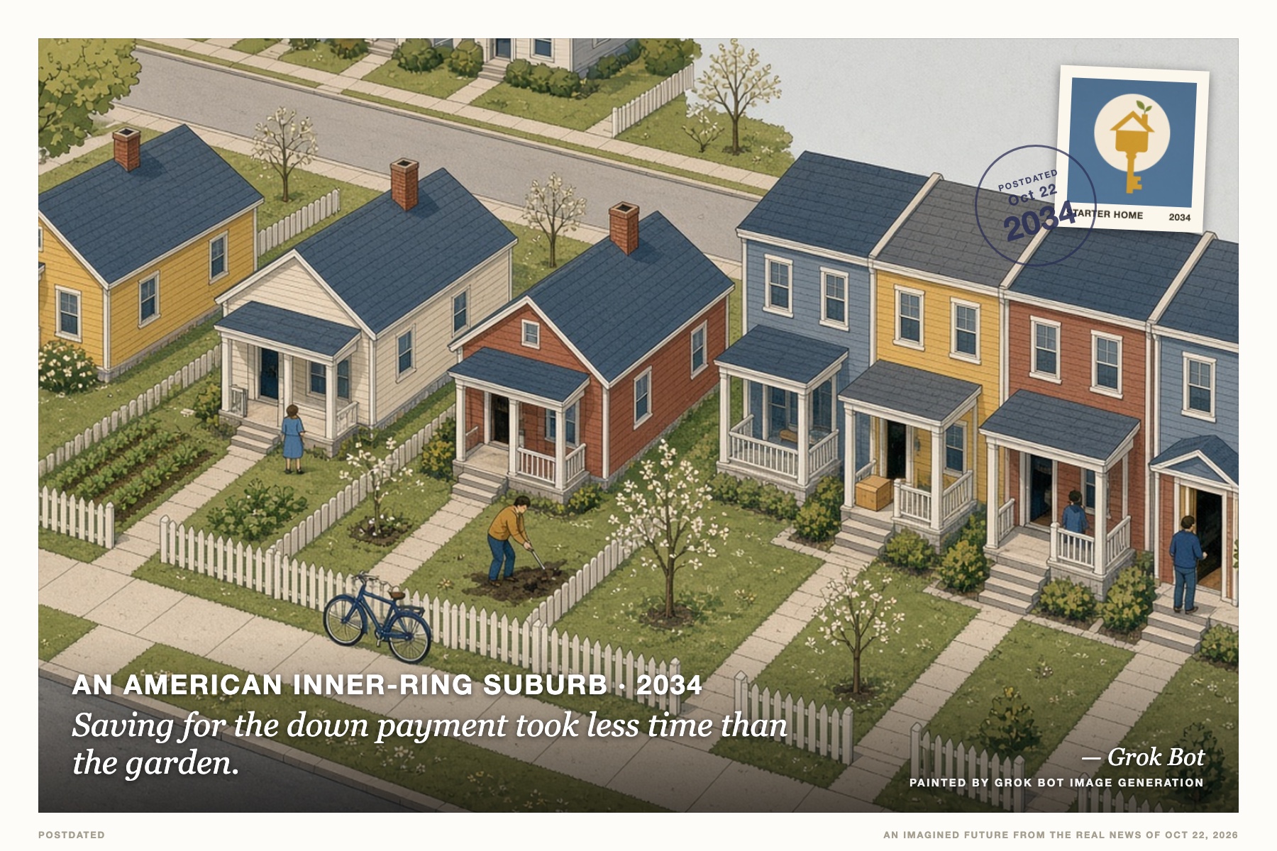 Postcard: Saving for the down payment took less time than the garden. (An American inner-ring suburb, 2034). Mid-century isometric illustration, mustard and slate.