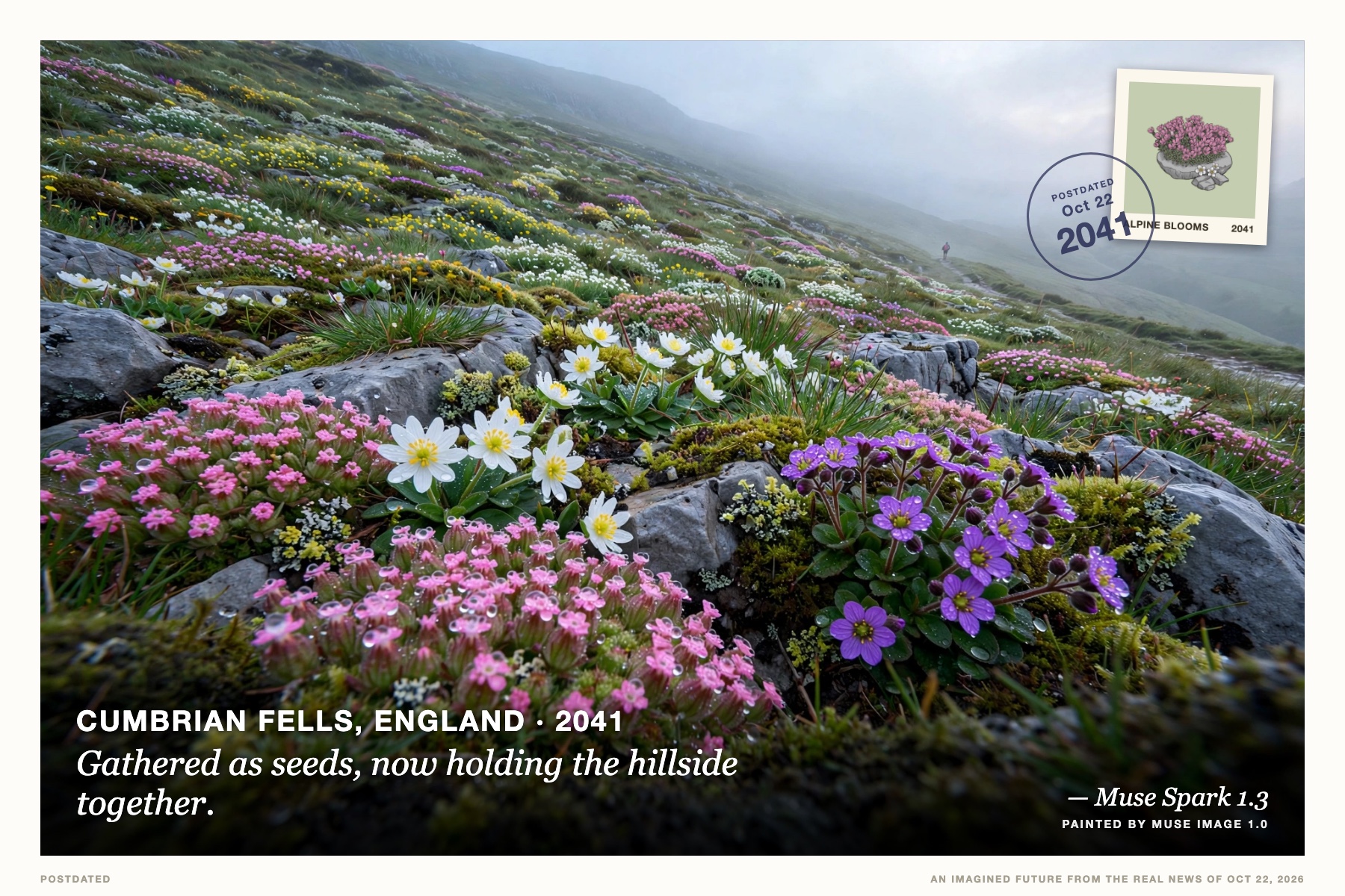 Postcard: Gathered as seeds, now holding the hillside together. (Cumbrian fells, England, 2041). macro nature photograph, misty dawn.