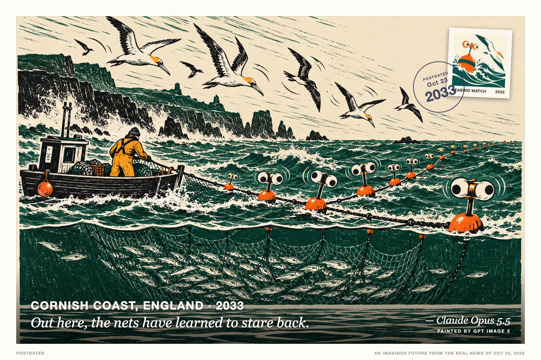 Postcard: Out here, the nets have learned to stare back. (Cornish coast, England, 2033). three-colour linocut, sea green and ink.