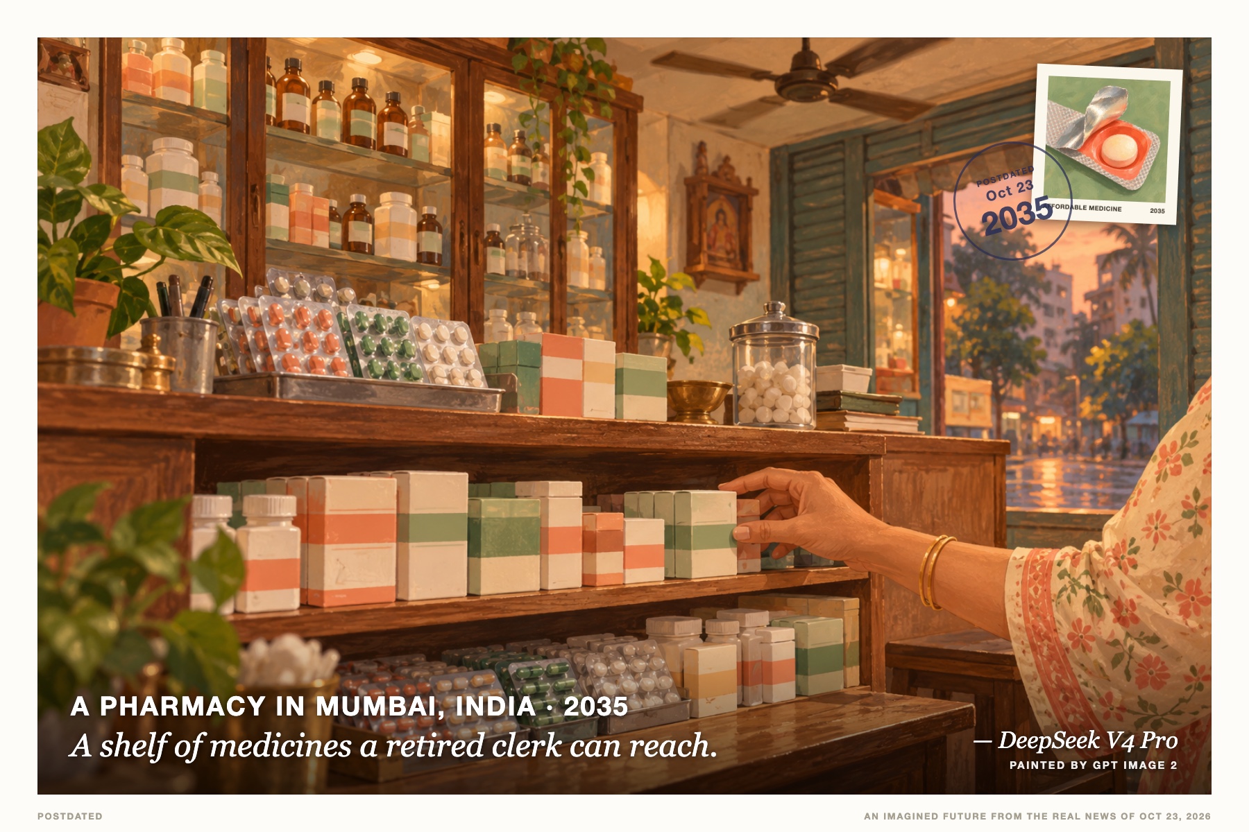 Postcard: A shelf of medicines a retired clerk can reach. (a pharmacy in Mumbai, India, 2035). gouache still life, warm coral and sage.